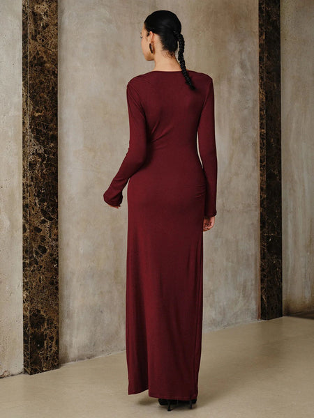 Gabin Luxe Bodycon Maxi Dress - back shot on model, burgundy - Miss Mosa By Akanksha