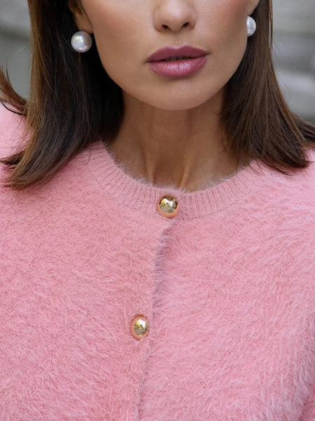 Gabin Soft Knit Cardigan - neckline close-up shot, pink - Miss Mosa By Akanksha