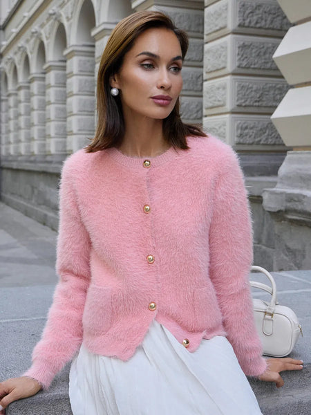 Gabin Soft Knit Cardigan - seated styled shot, pink - Miss Mosa By Akanksha