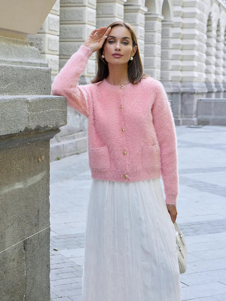 Gabin Soft Knit Cardigan - full-length styled shot, pink - Miss Mosa By Akanksha