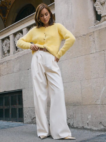 Gabin Soft Knit Cardigan - full-length styled shot, yellow - Miss Mosa By Akanksha