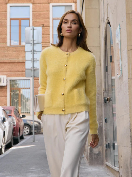 Gabin Soft Knit Cardigan - styled shot, yellow - Miss Mosa By Akanksha