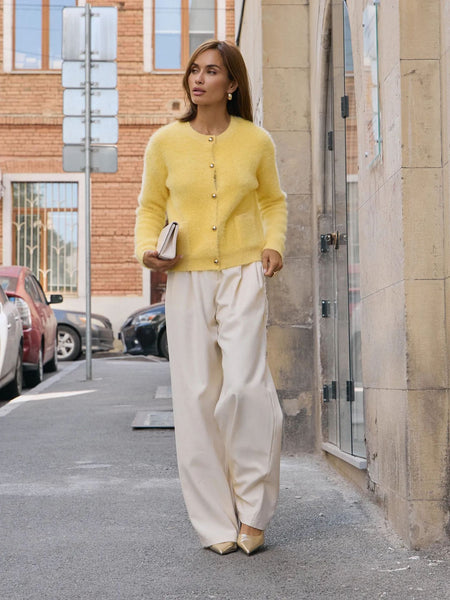 Gabin Soft Knit Cardigan - full-length styled shot, yellow - Miss Mosa By Akanksha