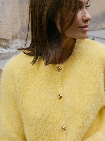 Gabin Soft Knit Cardigan - close-up shot, yellow - Miss Mosa By Akanksha