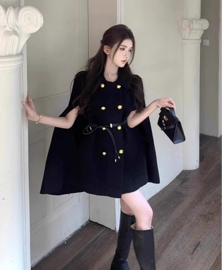 Gabrie Winter Cape With Belt - full-length shot on standing model, black - Miss Mosa By Akanksha