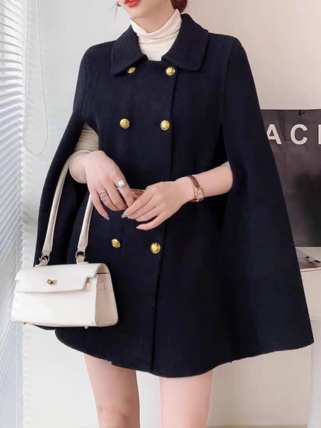 Gabrie Winter Cape With Belt - front shot on standing model, navy blue - Miss Mosa By Akanksha