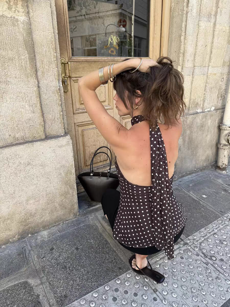 Gabrielle Top With Attached Scarf In Brown - back shot on model - Miss Mosa By Akanksha