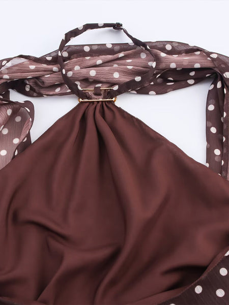 Gabrielle Top With Attached Scarf In Brown - close-up of neckline detail - Miss Mosa By Akanksha