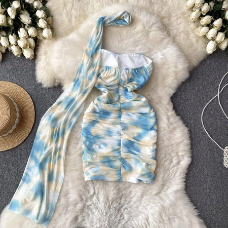 Gaelle Bodycon Mesh Dress - styled flat-lay shot, blue - Miss Mosa By Akanksha