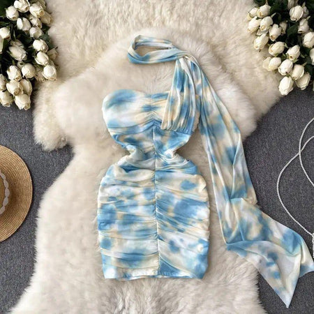 Gaelle Bodycon Mesh Dress - styled flat-lay shot, blue - Miss Mosa By Akanksha