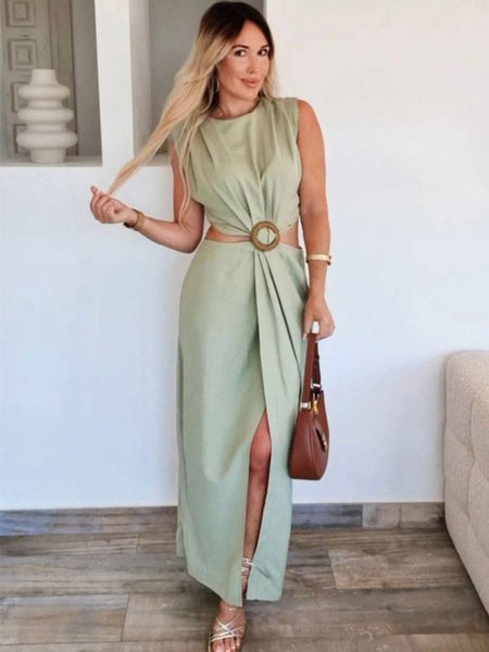 Galina Waist Cut-Out Slit Dress In Pista Green - seated side shot on model - Miss Mosa By Akanksha
