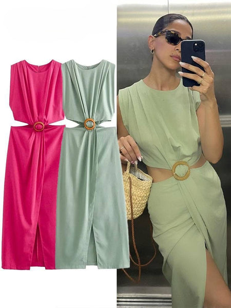 Galina Waist Cut-Out Slit Dress In Pista Green - flat-lay product shot of dress - Miss Mosa By Akanksha