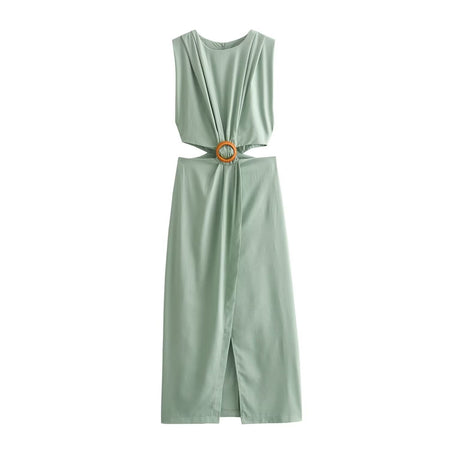 Galina Waist Cut-Out Slit Dress In Pista Green - front shot on model - Miss Mosa By Akanksha