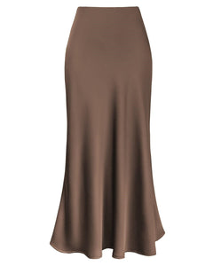 Galore Satin Midi Skirt - front shot, taupe brown - Miss Mosa By Akanksha
