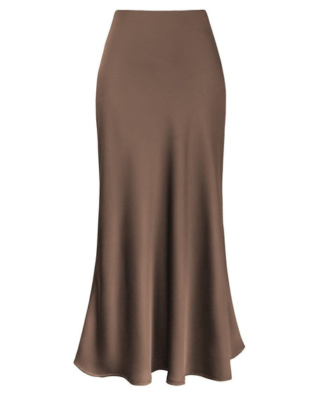 Galore Satin Midi Skirt - front shot, taupe brown - Miss Mosa By Akanksha