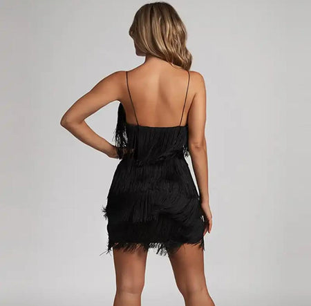 Galore Tesseled Statement Dress In Black - back shot on model - Miss Mosa By Akanksha