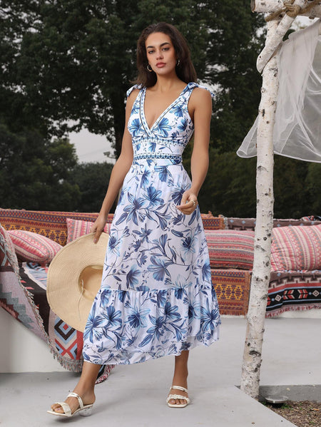 Garry Swimsuit With Skirt In Blue - full-length shot on model outdoors - Miss Mosa By Akanksha