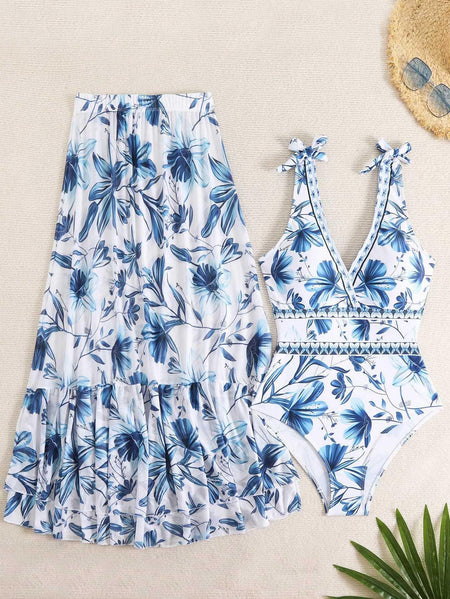 Garry Swimsuit With Skirt In Blue - flat-lay product shot of swimsuit and skirt - Miss Mosa By Akanksha