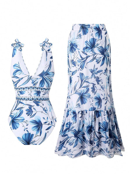 Garry Swimsuit With Skirt In Blue - flat-lay product shot of swimsuit and skirt - Miss Mosa By Akanksha