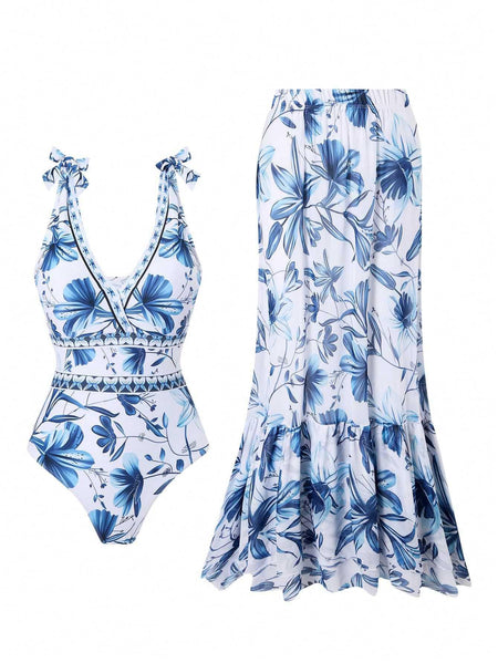Garry Swimsuit With Skirt In Blue - flat-lay product shot of swimsuit and skirt - Miss Mosa By Akanksha
