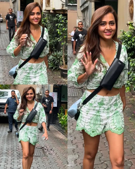 Gemma Eyelet Summer Coord Set In Green - lifestyle shot on model, green - Miss Mosa By Akanksha