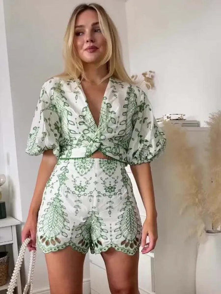Gemma Eyelet Summer Coord Set In Green - front shot on model, green - Miss Mosa By Akanksha