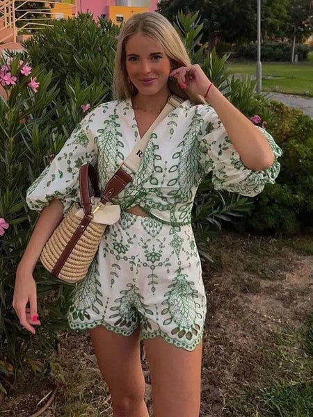 Gemma Eyelet Summer Coord Set In Green - front shot on model, green - Miss Mosa By Akanksha