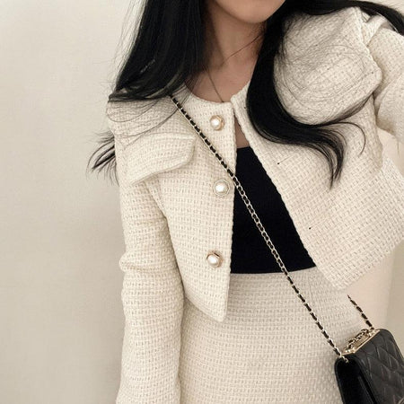 Gemma Tweed 2 Pc Set - close-up of tweed jacket, cream - Miss Mosa By Akanksha