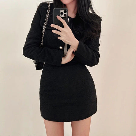 Gemma Tweed 2 Pc Set - front shot on model, black - Miss Mosa By Akanksha