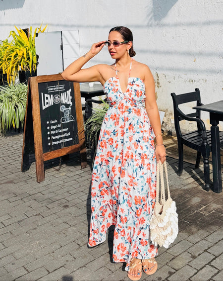 Gemmo Breezy Summer Holiday Dress - full-length front shot on model, white with orange and blue floral print - Miss Mosa By Akanksha