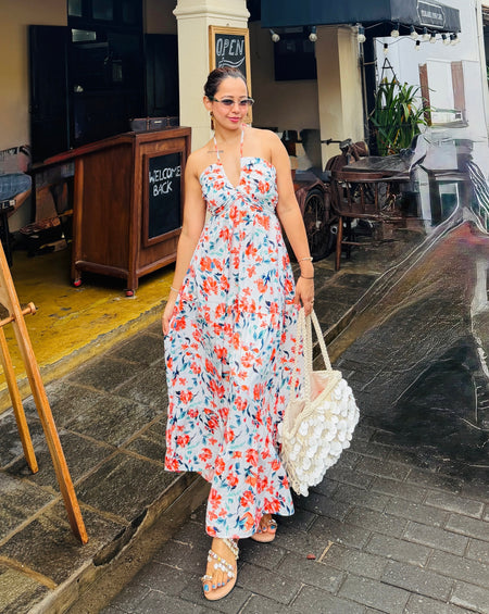 Gemmo Breezy Summer Holiday Dress - full-length front shot on model, white with orange and blue floral print - Miss Mosa By Akanksha