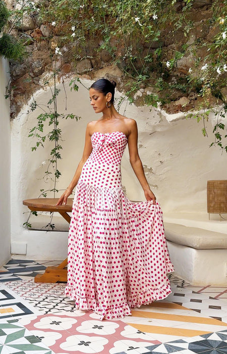 Genesis Polka Swimsuit With Skirt In Pink - full-length shot on model in skirt - Miss Mosa By Akanksha