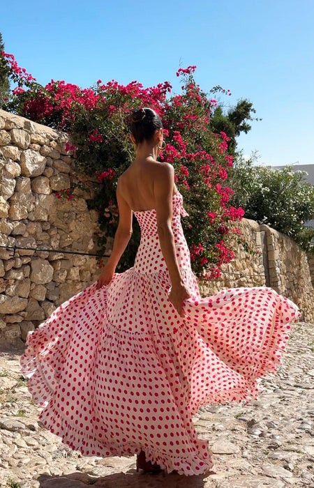 Genesis Polka Swimsuit With Skirt In Pink - back shot on model in skirt - Miss Mosa By Akanksha