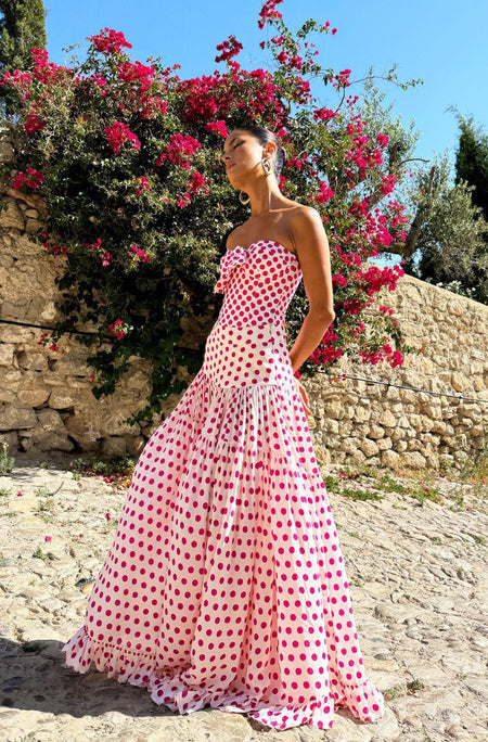 Genesis Polka Swimsuit With Skirt In Pink - side shot on model in skirt - Miss Mosa By Akanksha