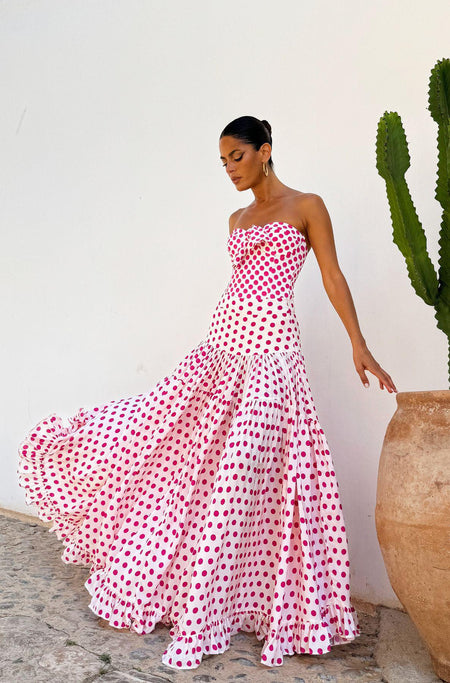 Genesis Polka Swimsuit With Skirt In Pink - full-length shot on model in skirt - Miss Mosa By Akanksha