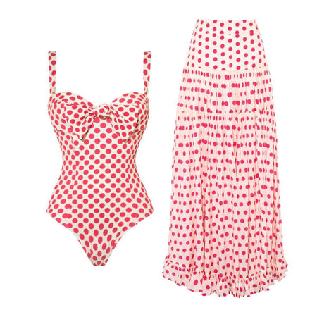 Genesis Polka Swimsuit With Skirt In Pink - flat-lay product shot of swimsuit and skirt - Miss Mosa By Akanksha
