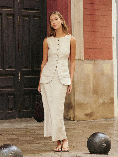 Geneva Statement Linen Vest Suit With Skirt In Beige - full-length shot on model - Miss Mosa By Akanksha