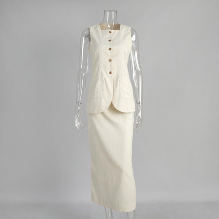 Geneva Statement Linen Vest Suit With Skirt In Beige - front shot on mannequin - Miss Mosa By Akanksha