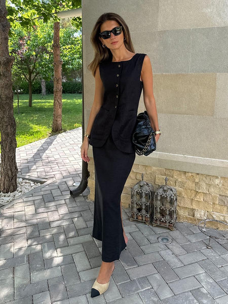 Geneva Statement Linen Vest Suit With Skirt In Black - full-length shot on model - Miss Mosa By Akanksha