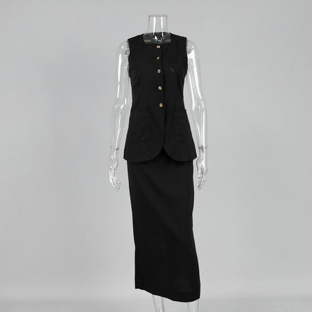 Geneva Statement Linen Vest Suit With Skirt In Black - front shot on mannequin - Miss Mosa By Akanksha