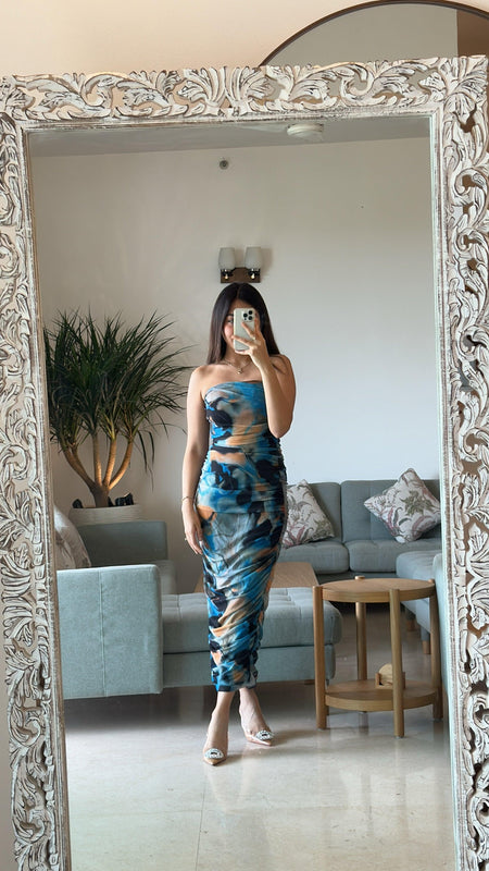 Genna Bodycon Summer Dress - full-length shot on model, blue - Miss Mosa By Akanksha
