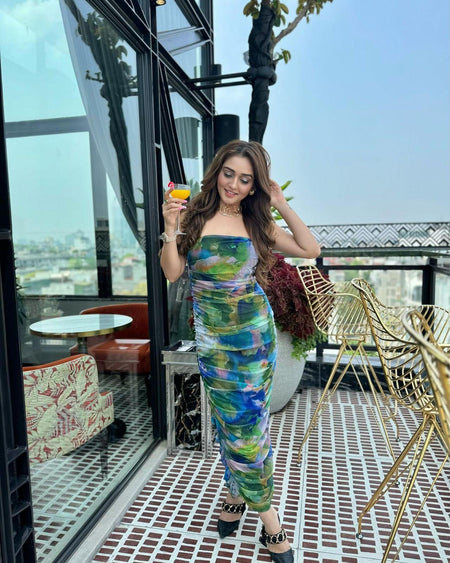 Genna Bodycon Summer Dress - lifestyle shot on model, multicolour - Miss Mosa By Akanksha