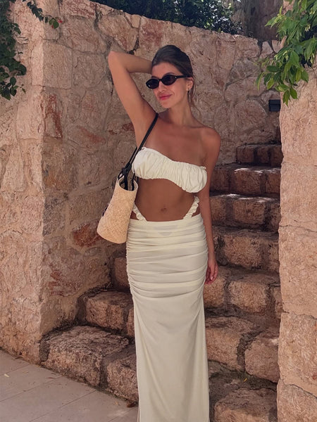 Georgia 2 Pcs Swimsuit With Maxi Skirt - front full-length shot, ivory - Miss Mosa By Akanksha