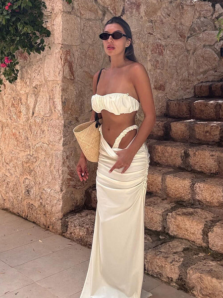 Georgia 2 Pcs Swimsuit With Maxi Skirt - front full-length shot, ivory - Miss Mosa By Akanksha