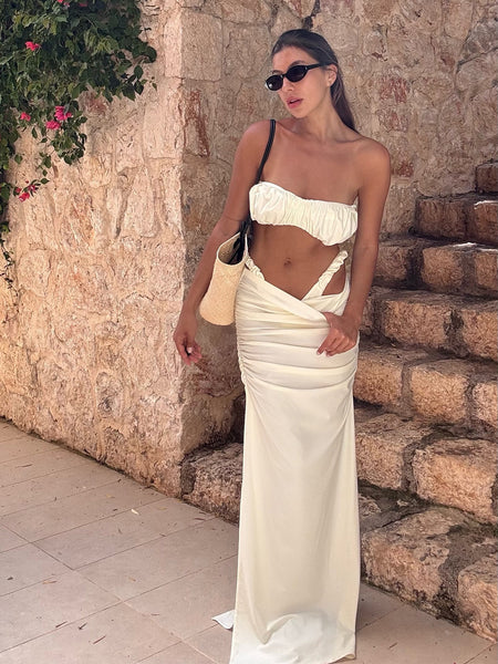 Georgia 2 Pcs Swimsuit With Maxi Skirt - front full-length shot, ivory - Miss Mosa By Akanksha