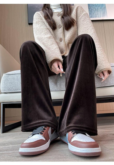 Gerardo Wide Leg Velvet Pants - lifestyle shot on model, brown - Miss Mosa By Akanksha