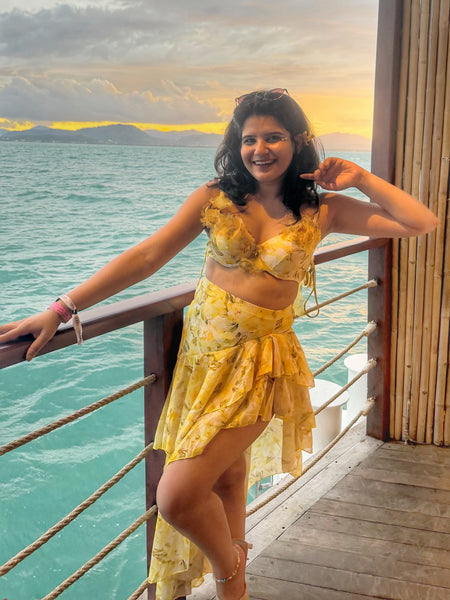 Gerbera Swimsuit with Ruffled Skirt In Yellow - full-length shot - Miss Mosa By Akanksha