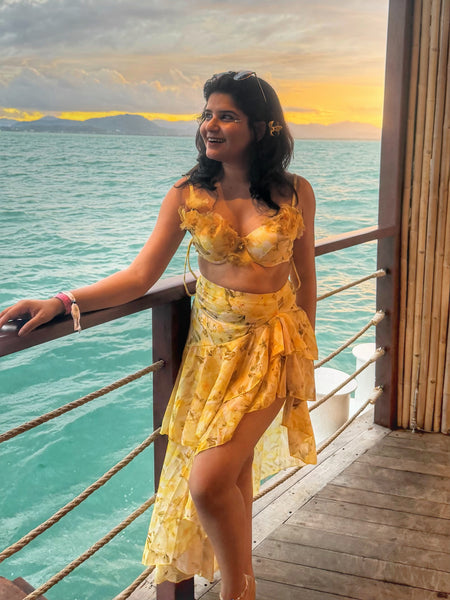 Gerbera Swimsuit with Ruffled Skirt In Yellow - full-length shot - Miss Mosa By Akanksha