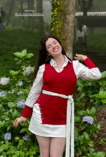 Geri Woolen Sweater set - lifestyle shot on model, red - Miss Mosa By Akanksha