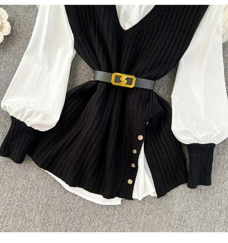 Geri Woolen Sweater set - close-up of belted vest, black and white - Miss Mosa By Akanksha